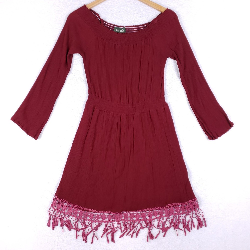Maude Boho Peasant Fringe Hem Dress Burgundy Rayon Size Medium Long Sleeve